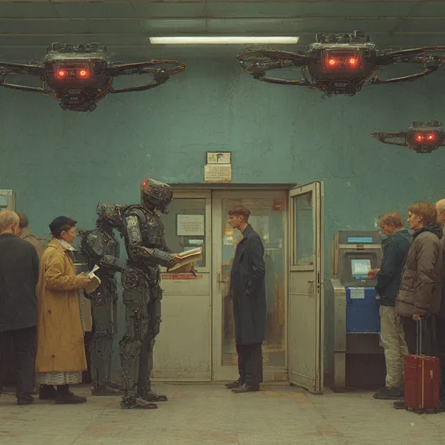 A group of humans and humanoid robots standing in line in a worn room with vending machines, while drones with red lights hover overhead.