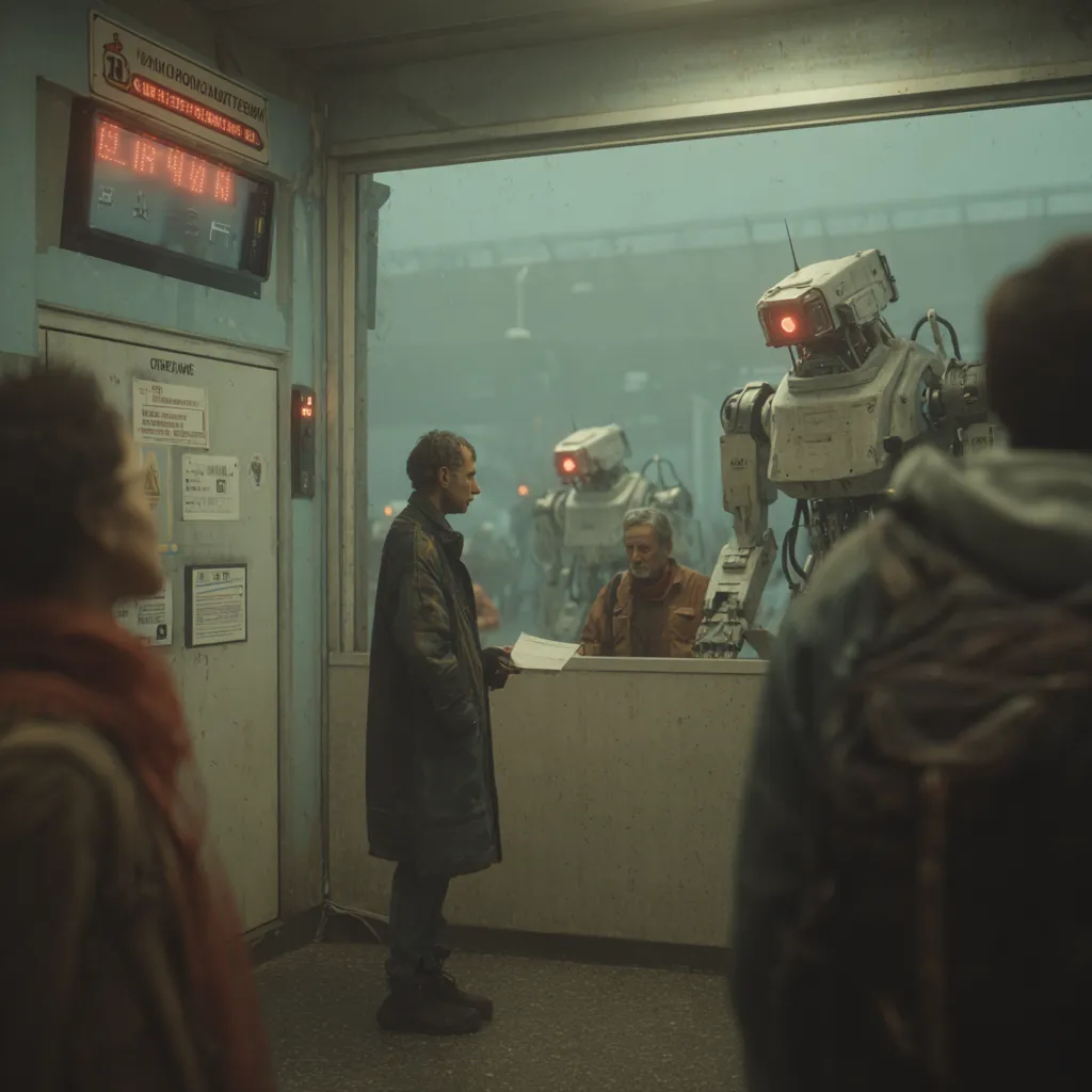 Man in dark coat at a service window talking to a robot and an older man, with another robot and people in the background in a dim industrial setting.